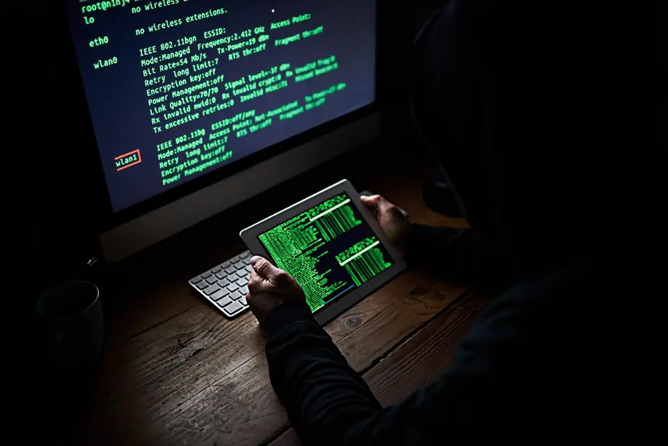 Persona al computer davanti a uno schermo con righe di codice